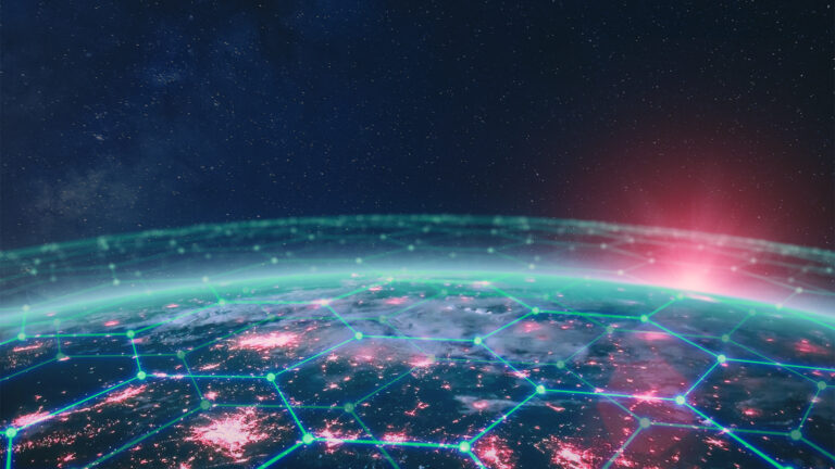 Communication network above Earth for global business and finance digital exchange. Internet of things (IoT), blockchain, smart connected cities, futuristic technology concept. Satellite view.