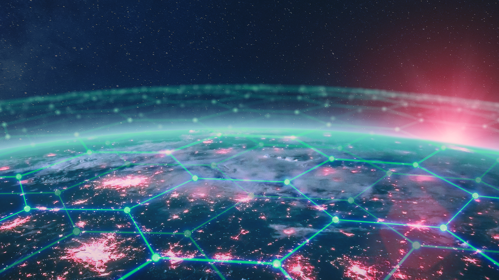 Communication network above Earth for global business and finance digital exchange. Internet of things (IoT), blockchain, smart connected cities, futuristic technology concept. Satellite view.