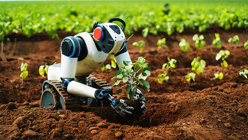 A humanoid robot planting a tree use of modern technology and A