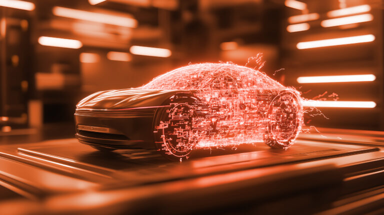 A futuristic concept image of a car enveloped in a digital circu