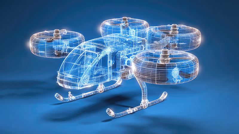 Transparent wireframe drone on a blue background