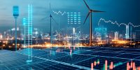 Innovative energy landscape featuring solar panels and wind turbines