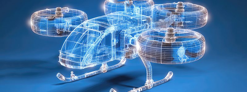 Transparent wireframe drone on a blue background