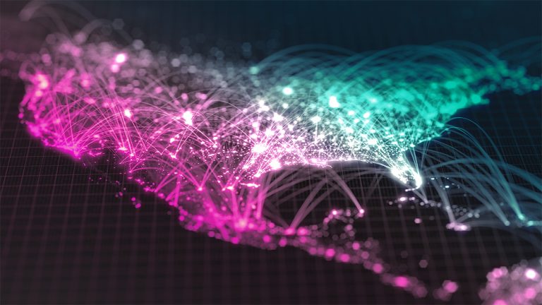 glowing city and human population density areas with bouncy line connections between them. 3d illustration