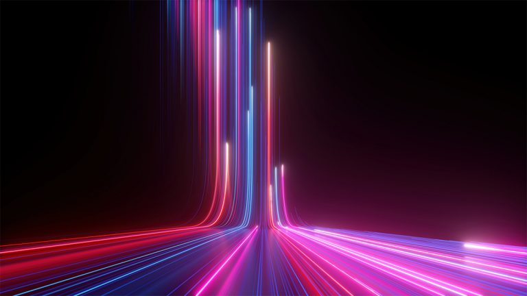 3d rendering, abstract neon background with ascending pink and blue glowing lines. Fantastic wallpaper with colorful laser rays