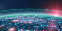 Communication network above Earth for global business and finance digital exchange. Internet of things (IoT), blockchain, smart connected cities, futuristic technology concept. Satellite view.