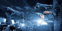 Manager Technical Industrial Engineer working and control robotics with monitoring system software and icon industry network connection on tablet. AI, Artificial Intelligence, Automation robot arm