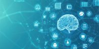 A blue background with icons of digital technology, artificial i
