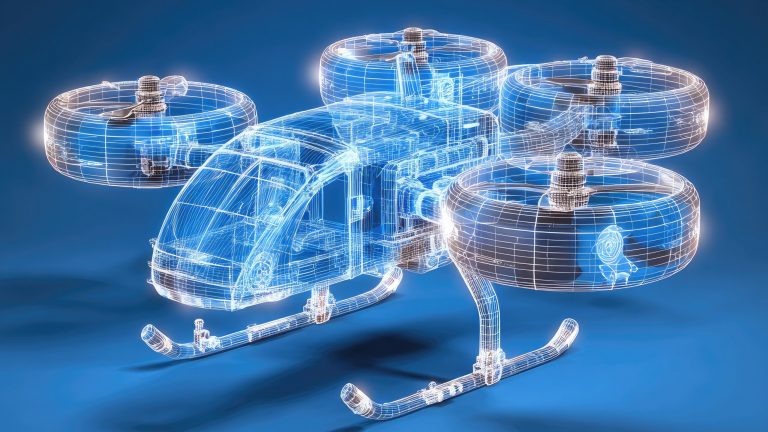 Transparent Wireframe Drone on a Blue Background