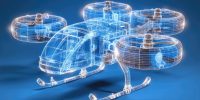 Transparent Wireframe Drone on a Blue Background