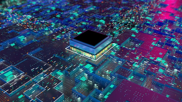 Circuit board with a CPU of central computer processors, a digital chip of the motherboard running with thousands of connections in red and blue light. 3d illustration
