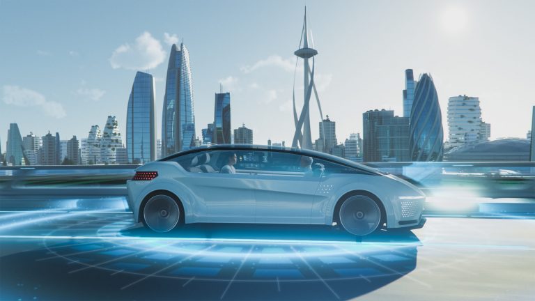 Shot,Of,A,Futuristic,Self driving,Van,Moving,On,A,Public